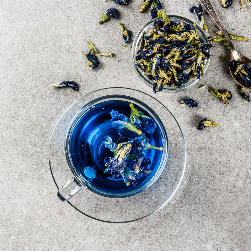 Butterfly Blue Pea Flower herbal tea in glass teacup. 